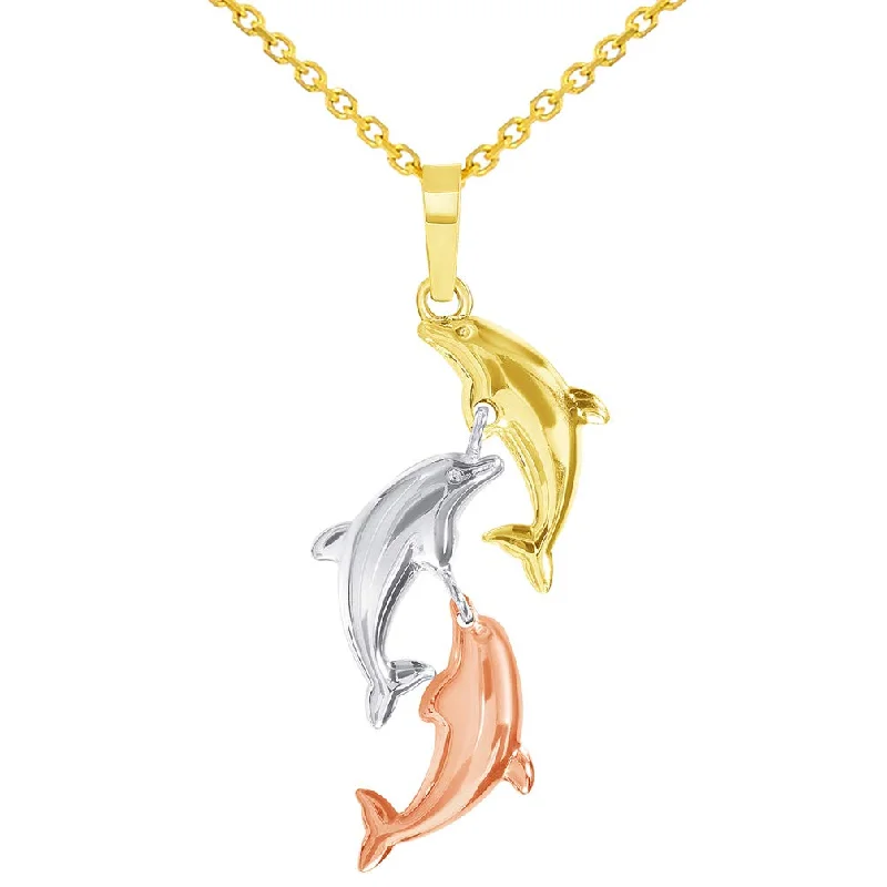 women classic gold necklaces -14k Tri-Color Gold Dangling Three Dolphins Jumping Up Pendant Necklace