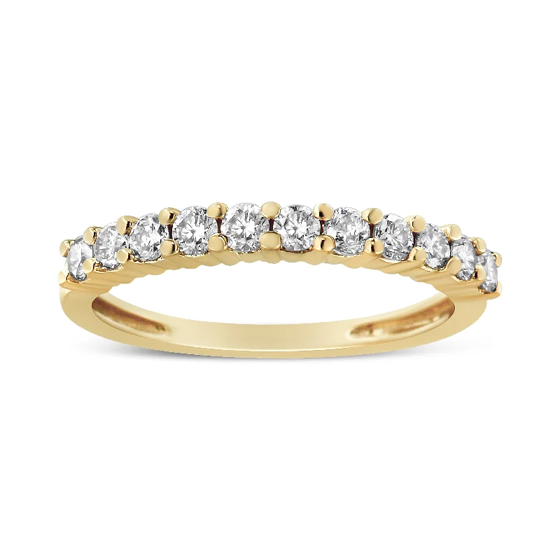 classic white gold engagement rings -14K Yellow Gold Plated .925 Sterling Silver 1/2 cttw Shared Prong Set Brilliant Round-Cut Diamond 11 Stone Band Ring