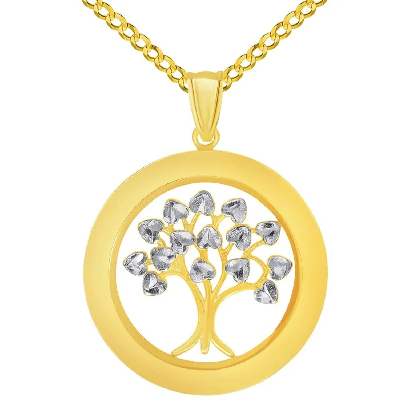 women chic necklaces -14k Yellow Gold Round Two Tone Tree of Life Medal Pendant with Cuban Curb Chain Necklace