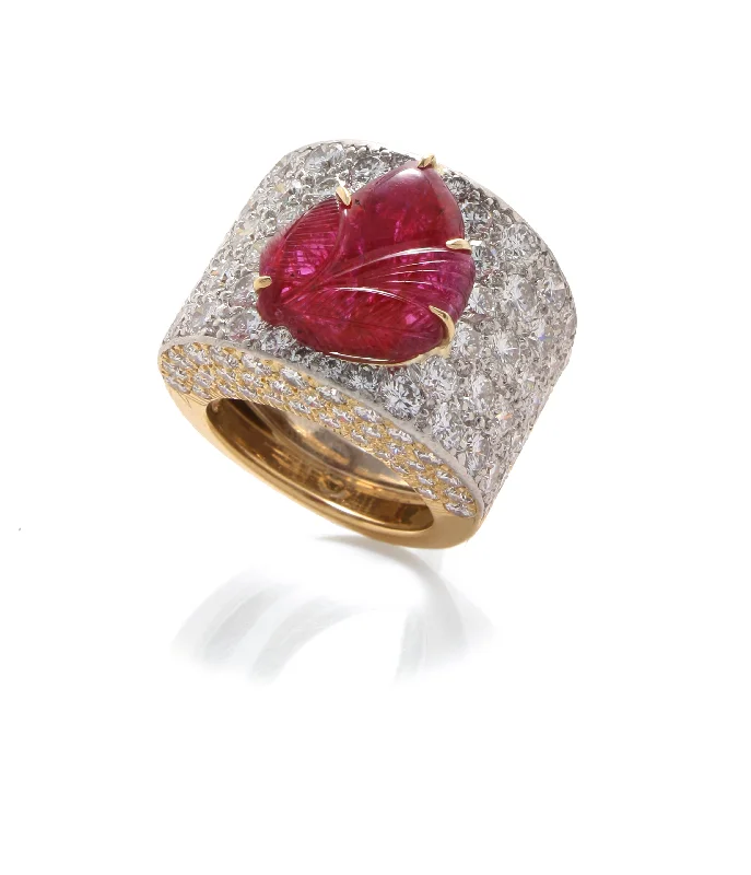 women sapphire and diamond rings -Carved Ruby Leaf Ring