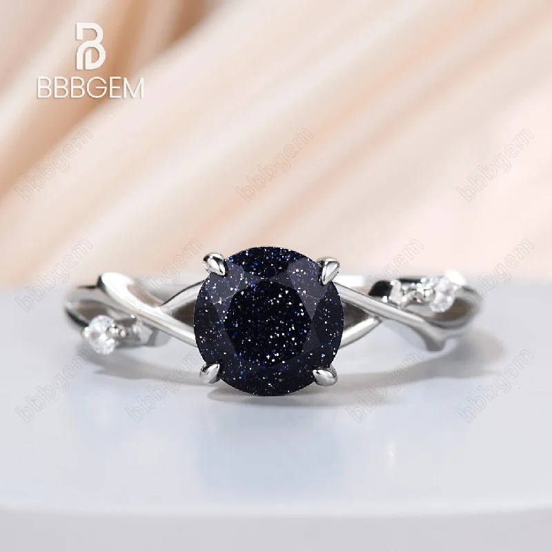 modern halo engagement rings -Round Natural Blue Sandstone Ring 925 Silver White Gold Petite Twisted Willow Galaxy Blue Sandstone Engagement Ring