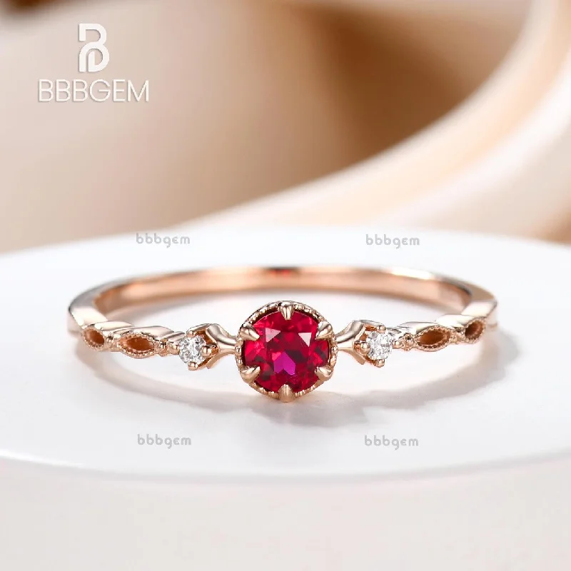 unique princess cut engagement rings -Dainty Ruby Engagement Ring Diamond Wedding Band In Yellow Gold 4mm Round Cut Wedding Ring