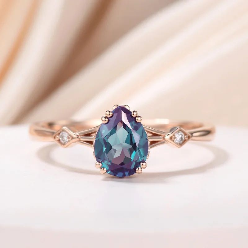 alternative gemstone engagement rings -Minimalist 14K Rose Gold Three Stone Pear Shaped Alexandrite Engagement Ring With Square Accents