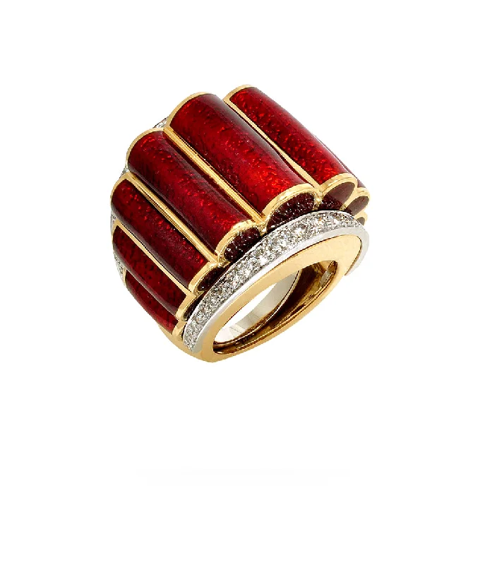 women men’s engagement rings -Scallop Ring, Red Enamel