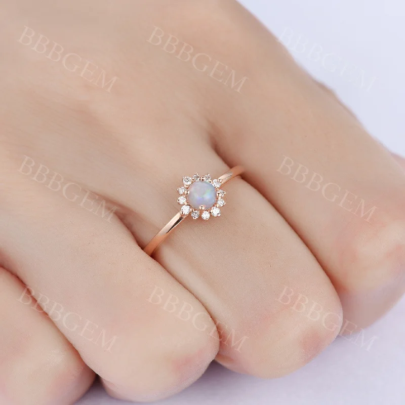 platinum solitaire engagement rings -0.5CT Dainty White Fire Opal Engagement Ring Diamond Halo Ring Rose Gold