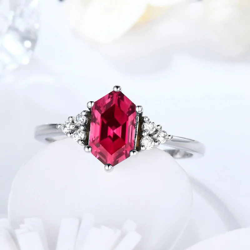 floral engagement rings -Minimalist Elongated Hexagon Lab Ruby Engagement Rings Diamond Cluster 7 Stones 18K White Gold