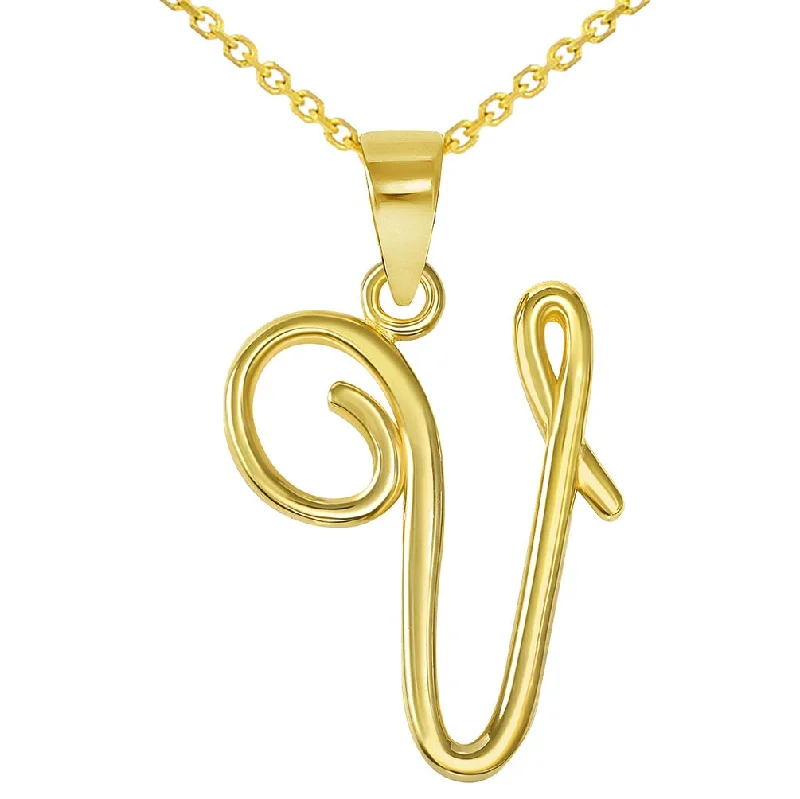 women diamond necklaces -14k Yellow Gold Elegant Script Letter V Cursive Initial Pendant Necklace