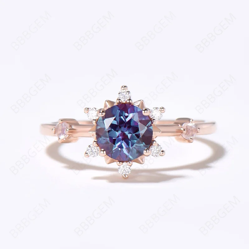 eco-friendly engagement rings -Floral Engagement Ring Rose Gold Round Alexandrite Halo Ring