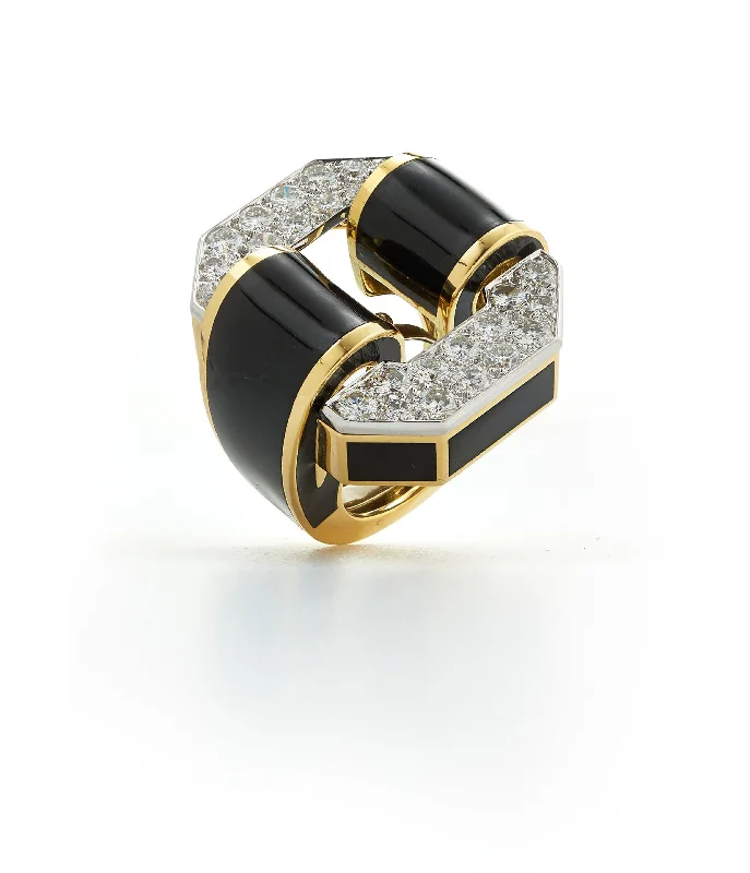 women custom engraved rings -Octagonal Buckle, Black Enamel