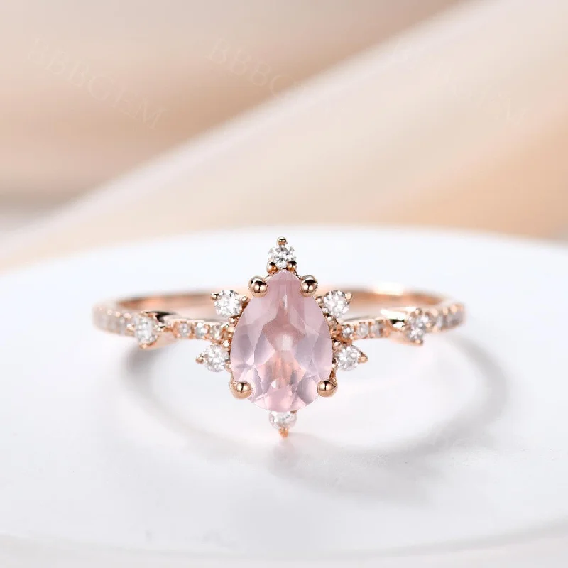 classic engagement rings -Dainty Pear Shaped 0.8 Carat Rose Quartz Engagement Ring Diamond Band