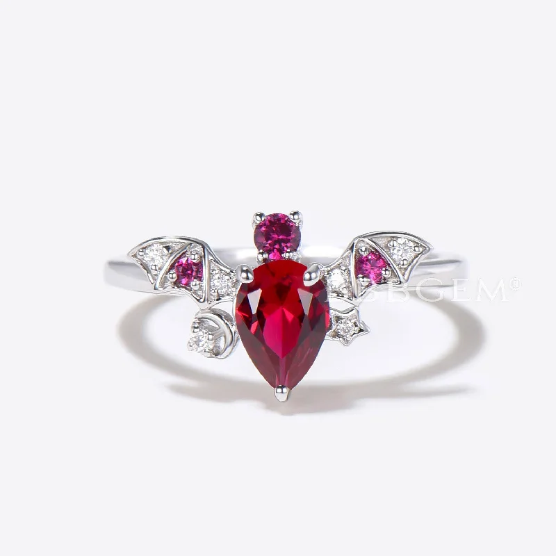 sapphire solitaire engagement rings -Bat Pear Shaped Red Ruby Engagement Ring Moon Star Diamond Ring