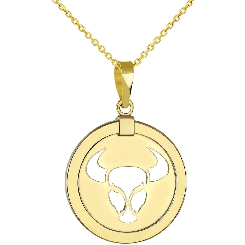 women charm necklaces -14K Yellow Gold Reversible Round Bull Taurus Zodiac Sign Pendant Necklace