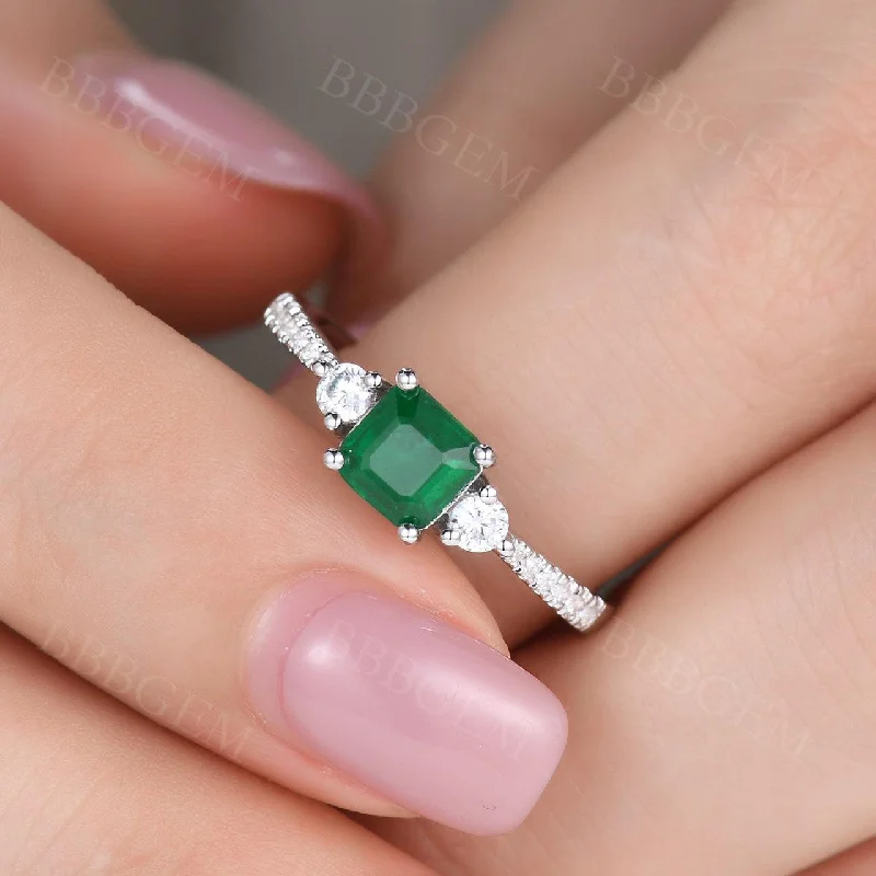 princess cut solitaire engagement rings -Natural Zambian Square Cut Emerald Diamond Platinum Ring Three Stone With Accented Diamond