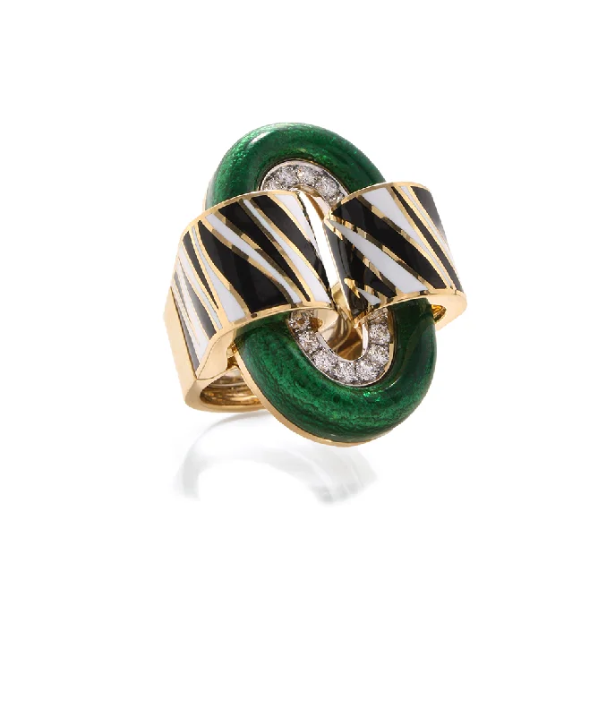 women antique rings -Zebra Stripe Oval Buckle Ring, Green Enamel