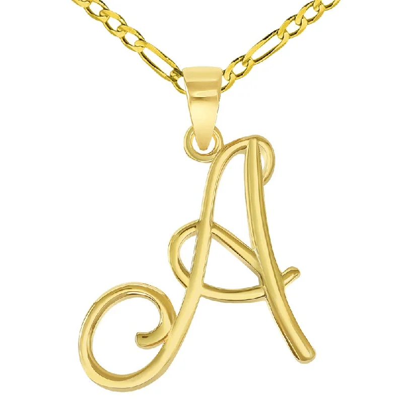 women rose gold necklaces -14k Yellow Gold Elegant Script Letter A Cursive Initial Pendant with Figaro Chain Necklace