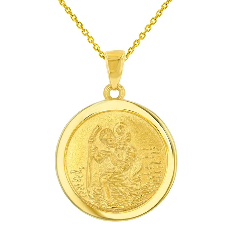 women long chain necklaces -14k Yellow Gold Round Saint Christopher Medal Pendant Necklace