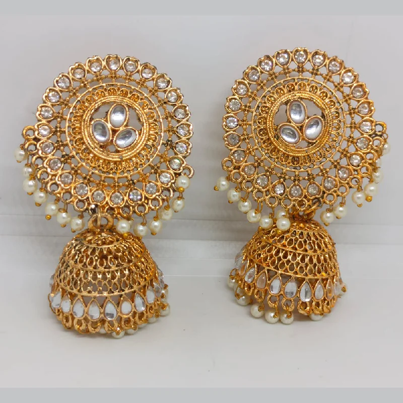 women colorful gemstone earrings -Khushboo Jewellers Gold Plated Kundan Stone And Pearls Jhumkis Earrings