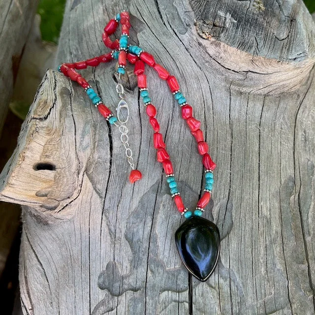 women etched metal necklaces -Black agate pendant necklace with red coral and turquoise