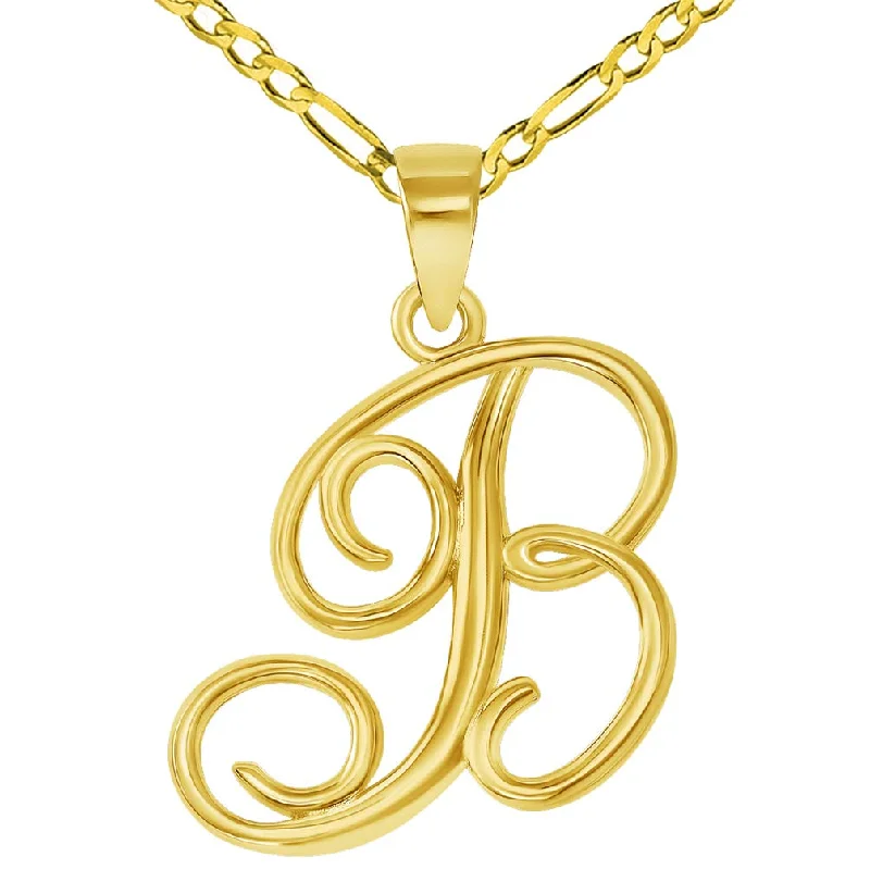 women golden flower necklaces -14k Yellow Gold Elegant Script Letter B Cursive Initial Pendant with Figaro Chain Necklace