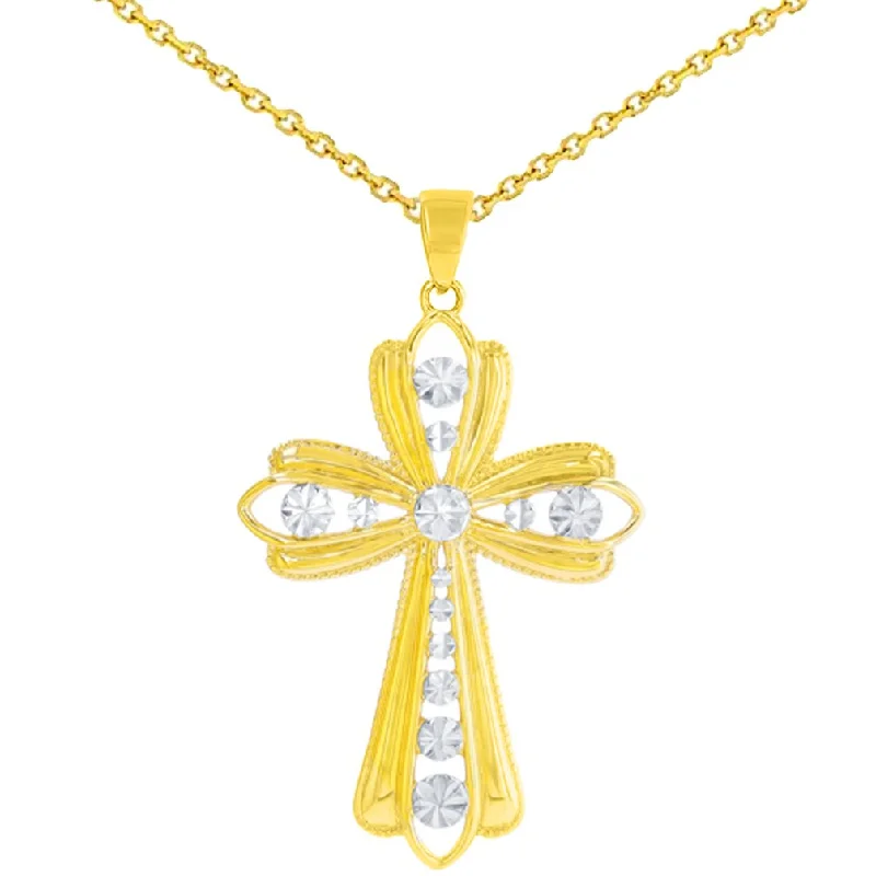 women twisted chain necklaces -14K Yellow Gold Polished Textured Milgrain Edged Cross Pendant Necklace