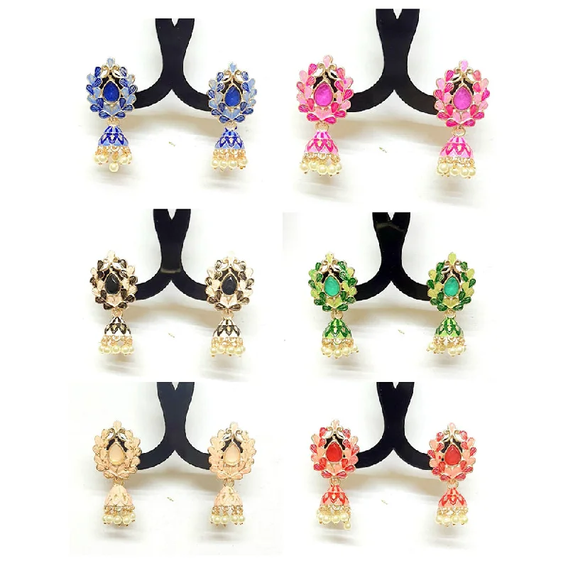 women gemstone stud earrings -Veekee Fashion Pack of 12 Multi Colors Rose Gold Plated Meenakari Small Jhumki Earrings