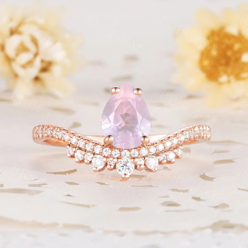 custom engraved engagement rings -0.8CT Art Deco Pear Cut Rose Quartz Engagement Ring Diamond Wedding Band