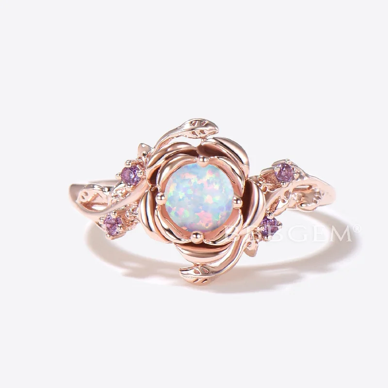 diamond halo engagement rings -Floral Round White Opal Engagement Ring Rose Flower Fire Opal Wedding Ring Twig Leaf Amethyst Promise Ring October Birthstone Jewelry