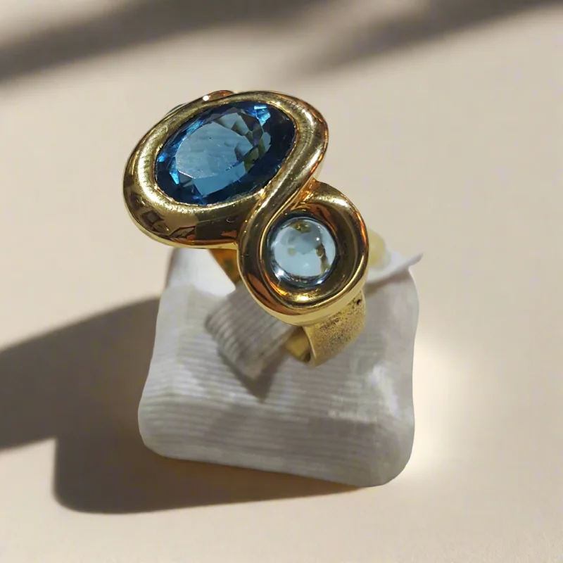 women antique engagement rings -Ring in 18k Gold with a London Blue Topaz & Aquamarine Cabochon