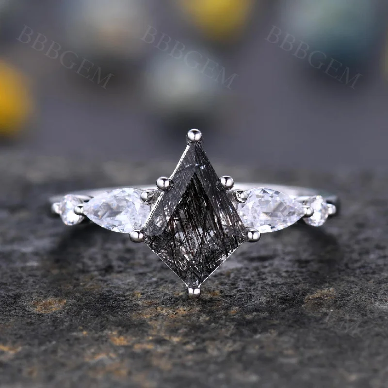 simple engagement rings with diamonds -Kite-Shaped Step Cut Black Rutilated Quartz Tourmaline Statement Ring