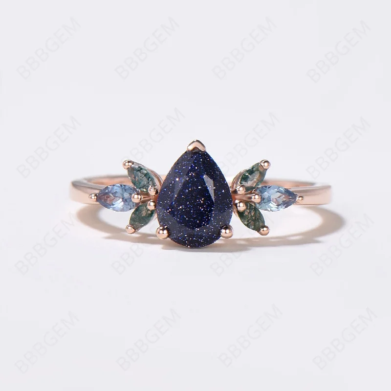 solitaire engagement rings -1.25ct Pear Shaped Blue Sandstone Engagement Ring 7 Stone Moss Agate Cluster Wedding Ring Rose Gold Blue Goldstone Promise Ring