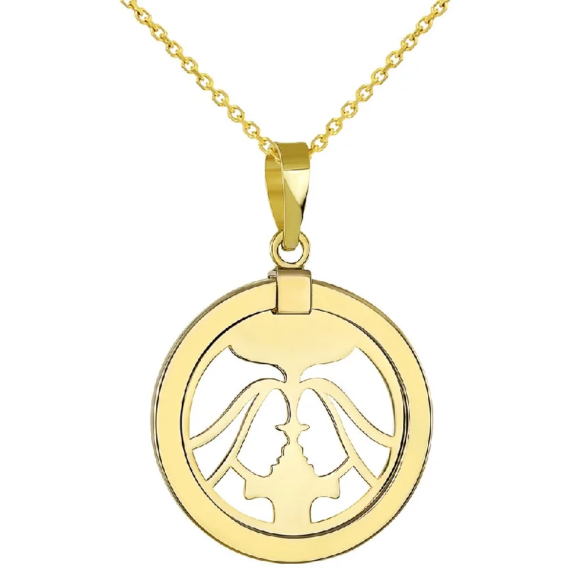 women vintage necklaces -14K Yellow Gold Reversible Round Gemini Twins Zodiac Sign Pendant with Chain Necklace