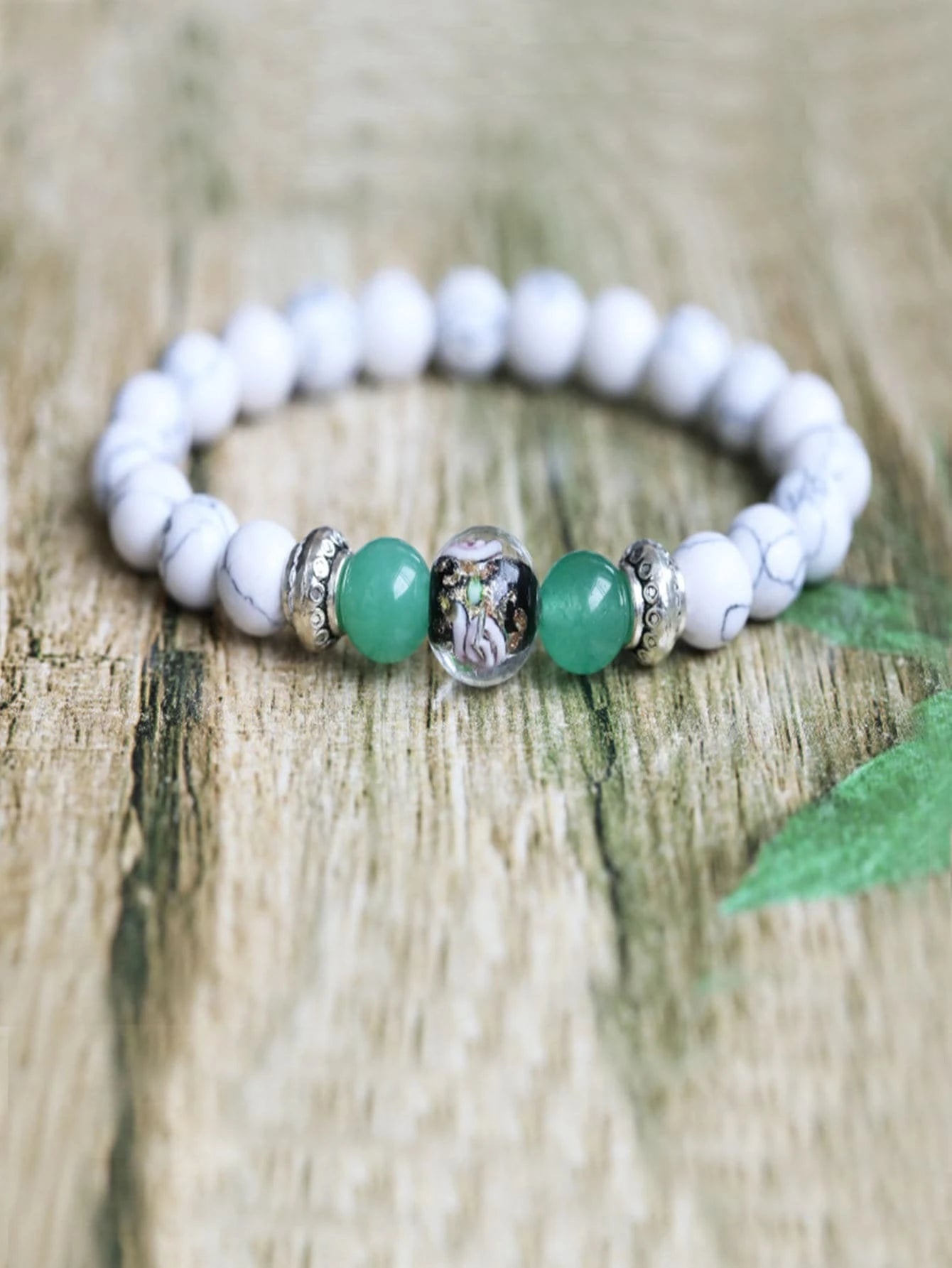 women braided bracelets -White Crackle Stretch Bracelet with Green Bead Detail