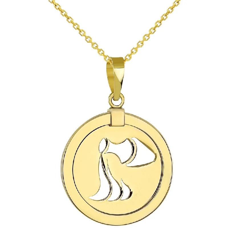 women diamond necklaces -14K Yellow Gold Reversible Round Aquarius Zodiac Sign Pendant Necklace