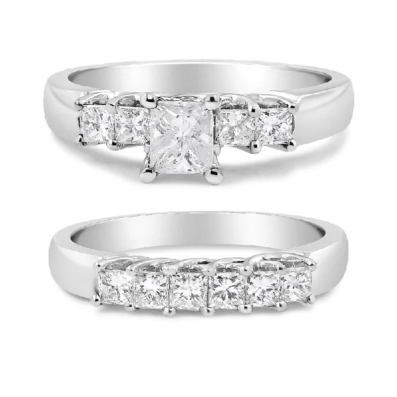 emerald cut engagement rings -14K White Gold 1 1/2 Cttw 5 Stone Princess Diamond Engagement Wedding Ring Set