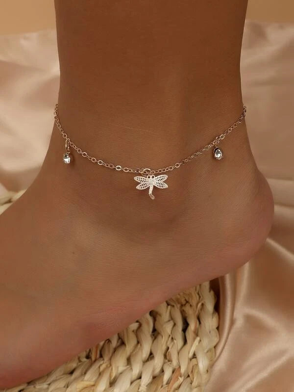 women colorful bracelets -Rose Gold Double Layered Bracelet/Anklet w/ Dragonfly Charms