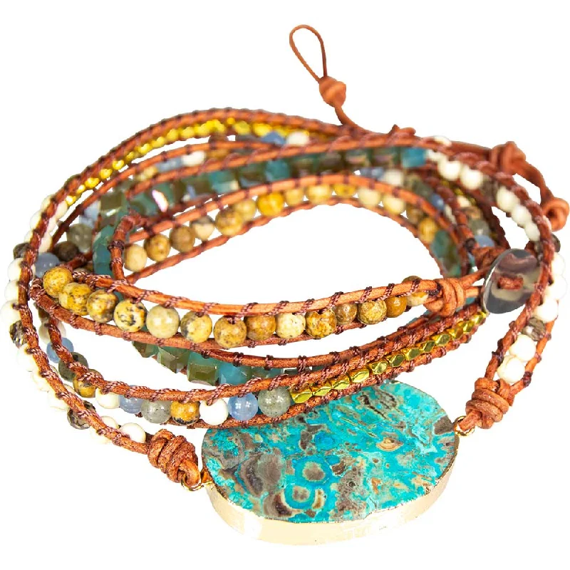 women oval bangles -38" Wrap Bracelet Leather & Mixed Gemstones with Ocean Jasper Accent