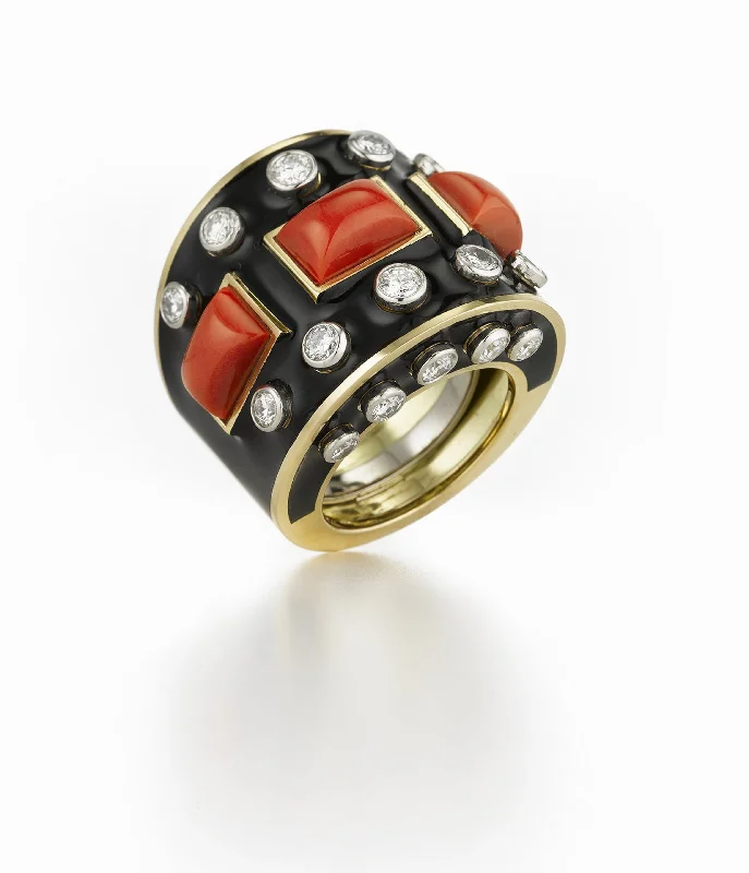 women eternity engagement rings -Bastille Ring, Coral, Black Enamel