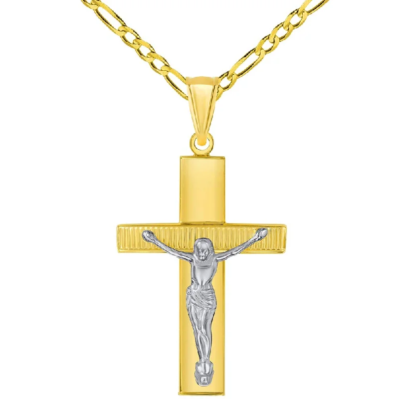 women luxury gold necklaces -14k Yellow Gold High Polished Textured Religious Cross Two-Tone Jesus Crucifix Pendant with Figaro Chain Necklace