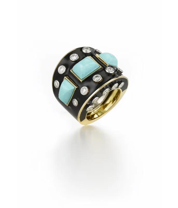 women gemstone eternity rings -Bastille Ring, Turquoise, Black Enamel