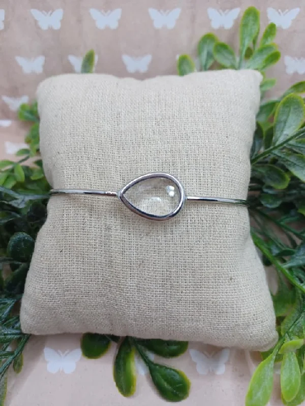 women floral bracelets -Silver Cuff Style Bracelet w/ Clear Acrylic Teardrop Accent