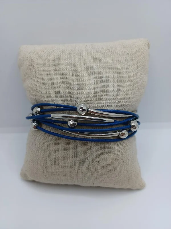 women multicolor bangles -Blue Leather Bracelet w/ Silver Accents