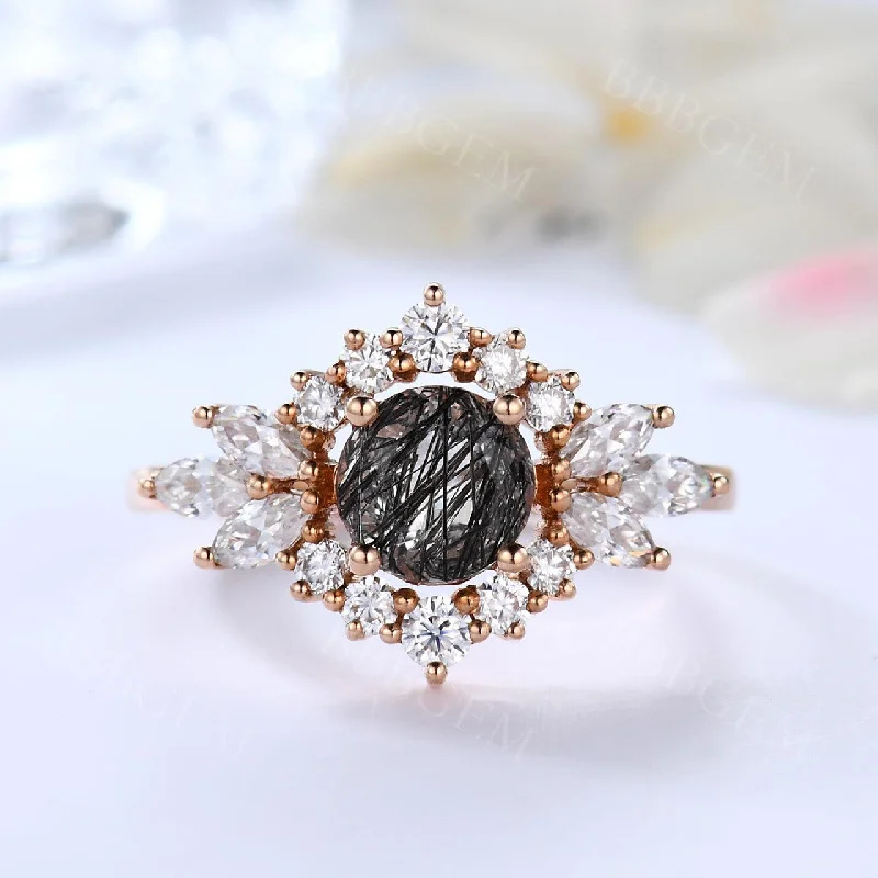 princess cut engagement rings -Cluster Moissanite Halo Round Black Quartz Ring Floral Statement Ring