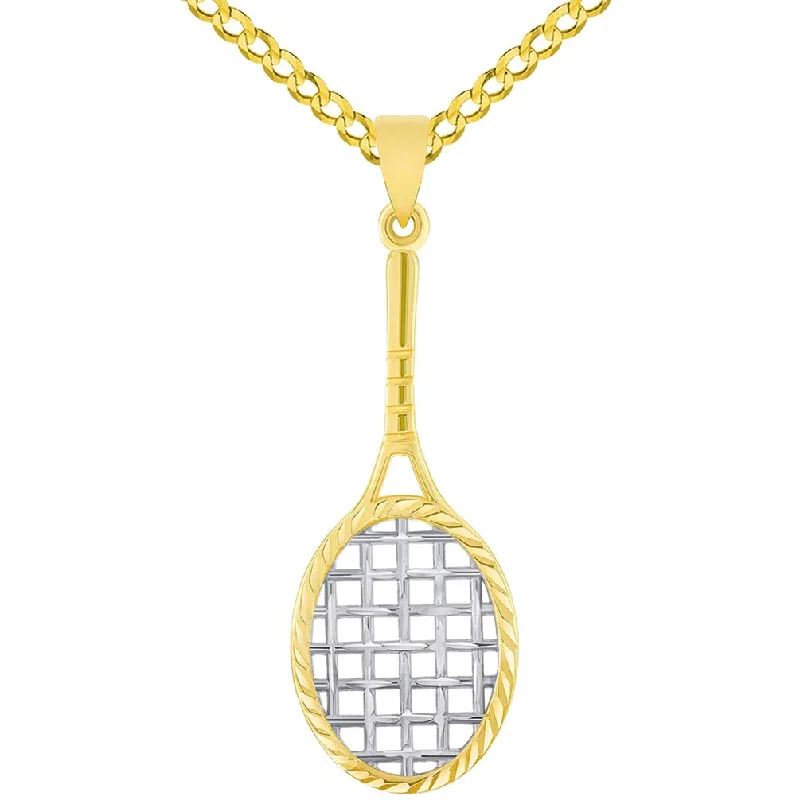 women crystal pendant necklaces -14k Yellow Gold Textured Tennis Racket Sports Pendant with Curb Chain Necklace