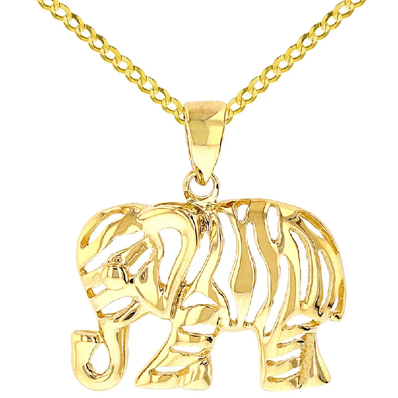 women crystal pendant necklaces -Polished 14K Yellow Gold Elegant Elephant Charm Animal Pendant with Cuban Chain Necklace