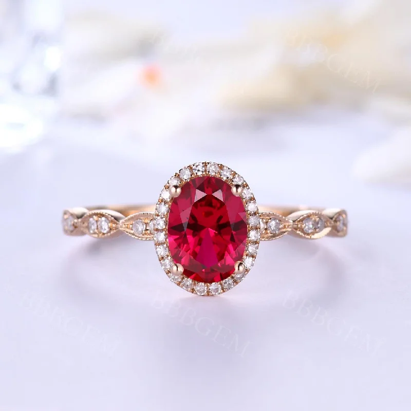 two-tone engagement rings -Diamond Halo Oval Pink Ruby Engagement Ring Birthstone in 14k Rose Gold Scalloped Band